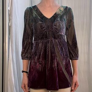 Purple and Green Velvet Peacock Feather V-Neck Top Vintage Y2K Whimsygoth